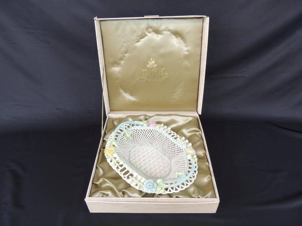 Belleek Floral and Basket Weave Pattern Porcelain Dish (1 of 3)