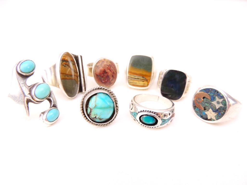 Southwestern Style Rings Lot of 8 Sterling Silver (1 of 2)