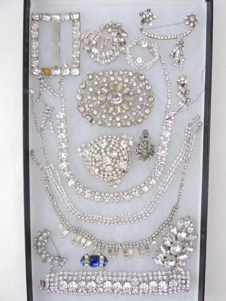 Group of Vintage Rhinestone Costume Jewelry: Some pieces signed: Weiss, Bogoff, Kramer. Some from 1930s or earlier. Necklaces, brooches, bracelets, earrings.