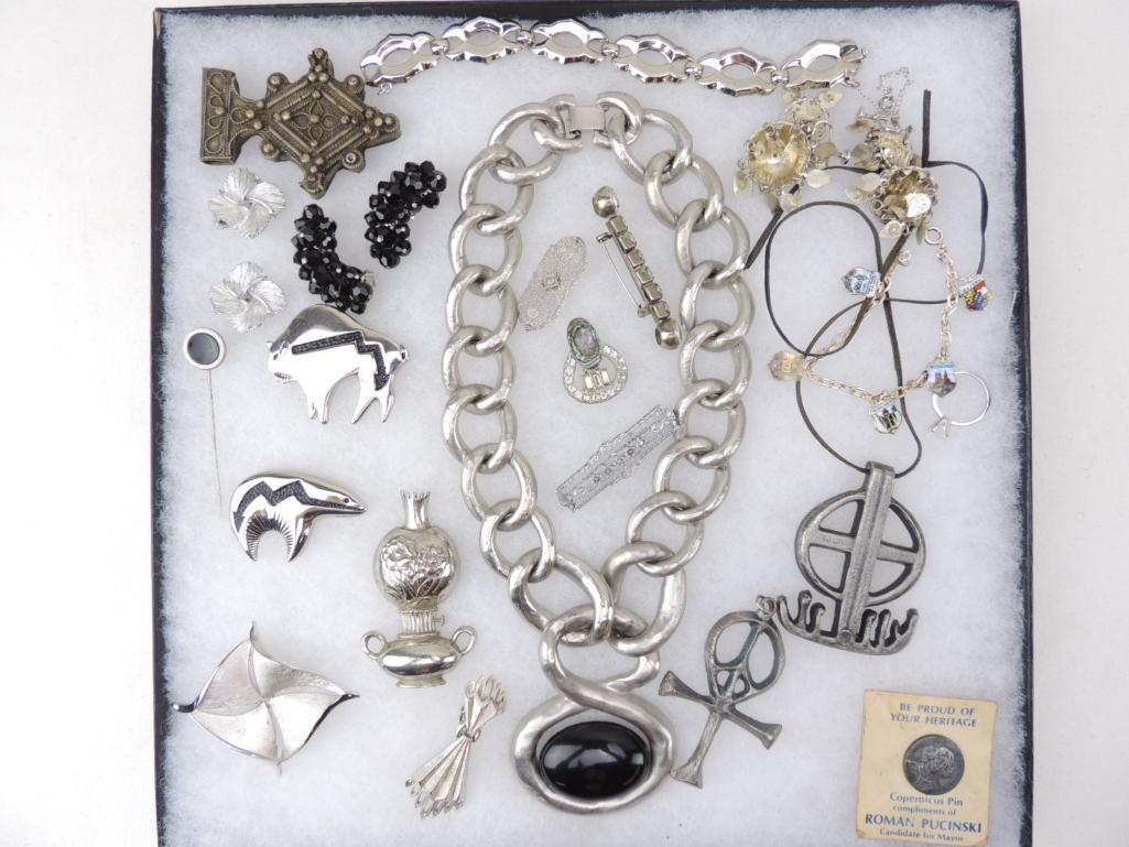 Vintage Silver-Toned Costume Jewelry Lot: Some pieces signed: Les Bernard (large chain necklace), Trifari, Plustinn Norway, Monet.
