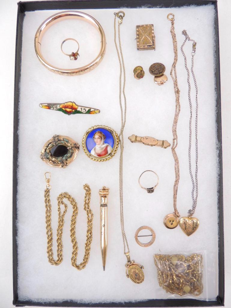 Lot of Victorian & Edwardian Jewelry: Some gold-filled, Czechoslovakian, lockets, pins, ring, watch chain, pen, beads, bangle.