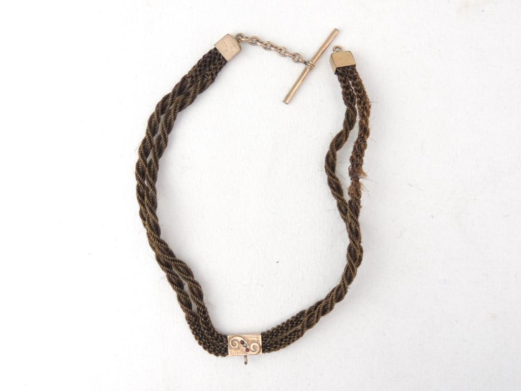Victorian Mourning Braided Hair Choker Necklace: Gold filled hardware & fob, measures 13" long.