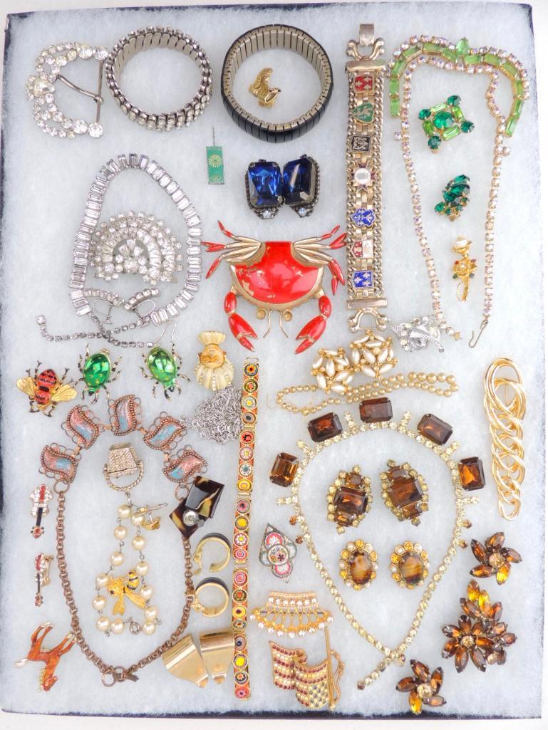 Lot of Vintage Costume Jewelry: Some signed Italy, W. Germany, Napier, Avon. Insects, rhinestones, thermoset plastics