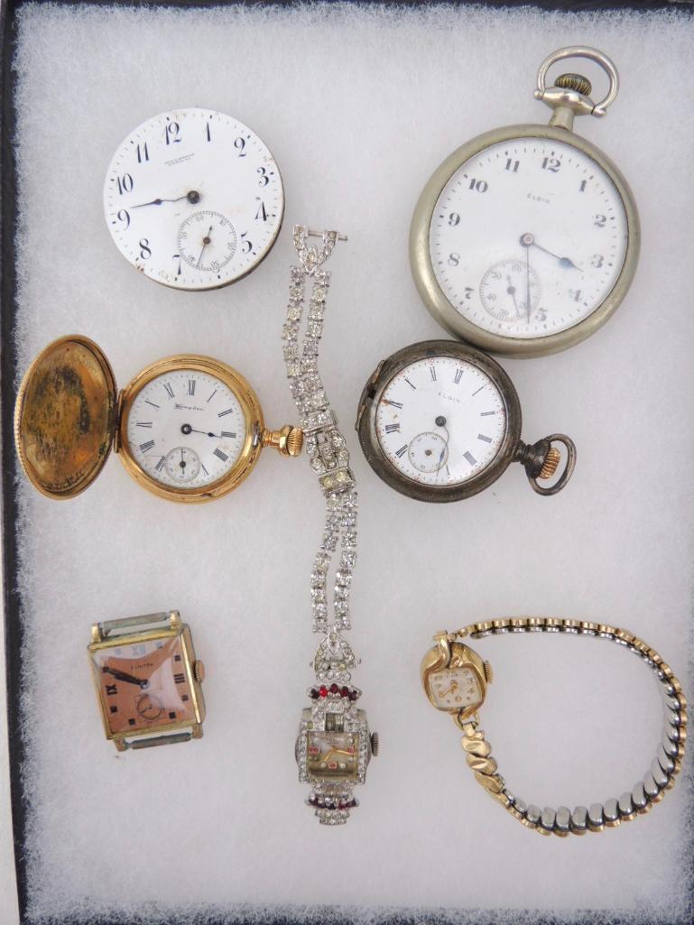 Group of Vintage Watches: 2 Elgin pocket, one Hampden pocket, Elgin ladies wrist, Clinton men's wrist, Bulova ladies rhinestone deco wrist