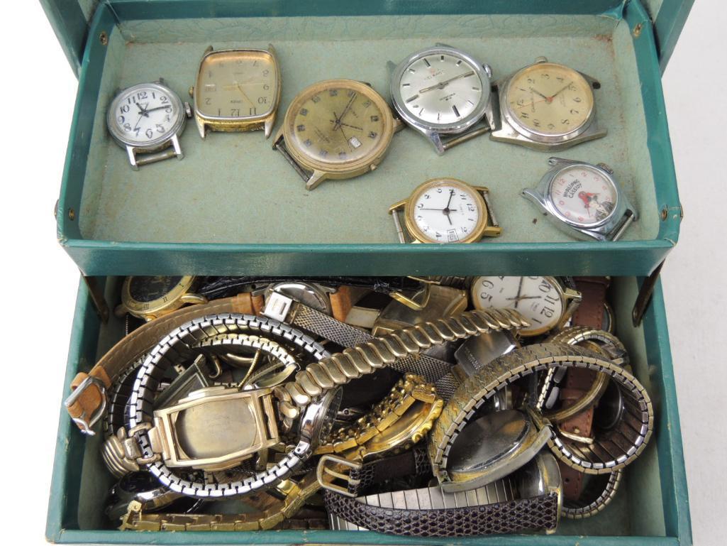 Boxed Lot of Vintage & Modern Wrist Watches: Ladies & men's, Timex, Elgin, Accutime, Eternity, Milan, Edison, Caravelle, Helbros, etc.