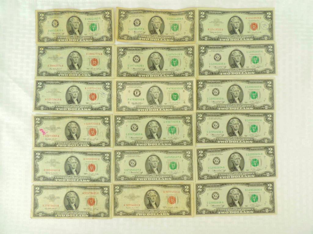 Group of 18 U.S. 2 Dollar Bills (1 of 1)