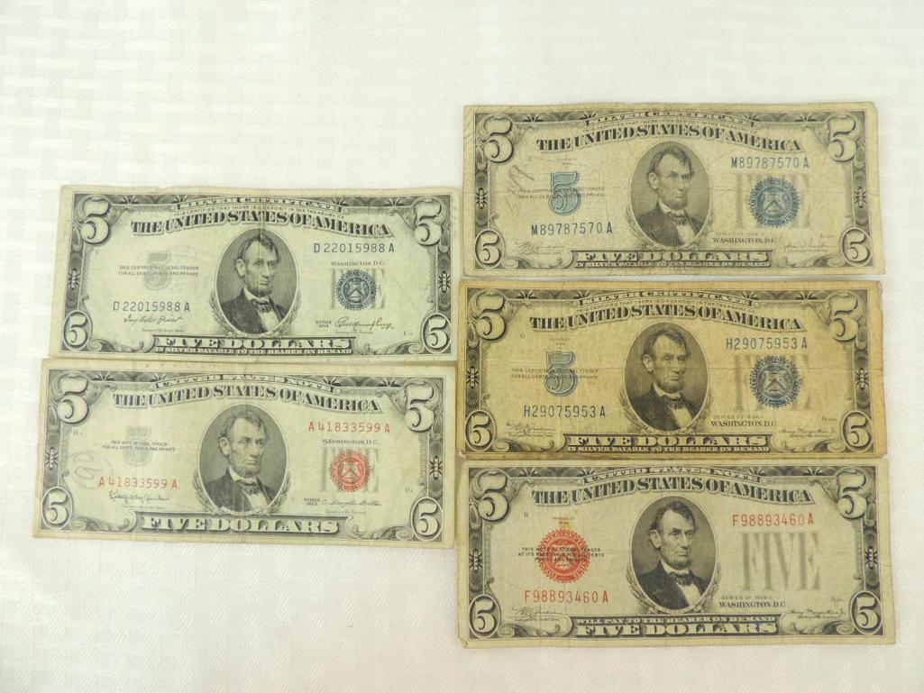 Group of 5 U.S. 5 Dollar Silver Certificates and  Notes (1 of 1)