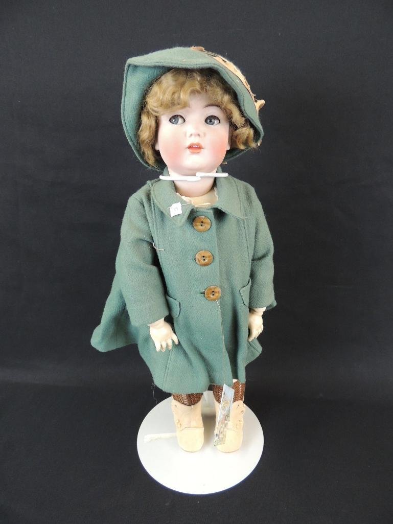 Antique 1909 Mein Liebling Simon and Halbig German Made: 21" Tall, Krammer and Reinhardt, Mohair, German Multiple Join Slant Hip Toddler Body, Old White Dress with Old Fabric woll coat and Hat, Sleepy Flirty Blue Eyes, Open Mouth with 4 Teeth