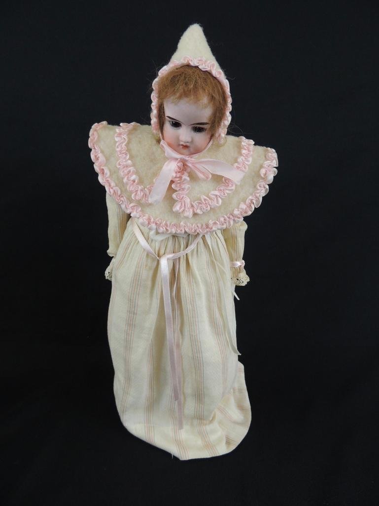 Antique Armand Marseille "Lilly" 18" Bisque Doll with: 18" Tall with Hat, Brown Hair, Brown Eyes, Open Mouth with 5-6 Teeth, 1898-WW1 Era, Bisque Shoulder Plate Broken in Front