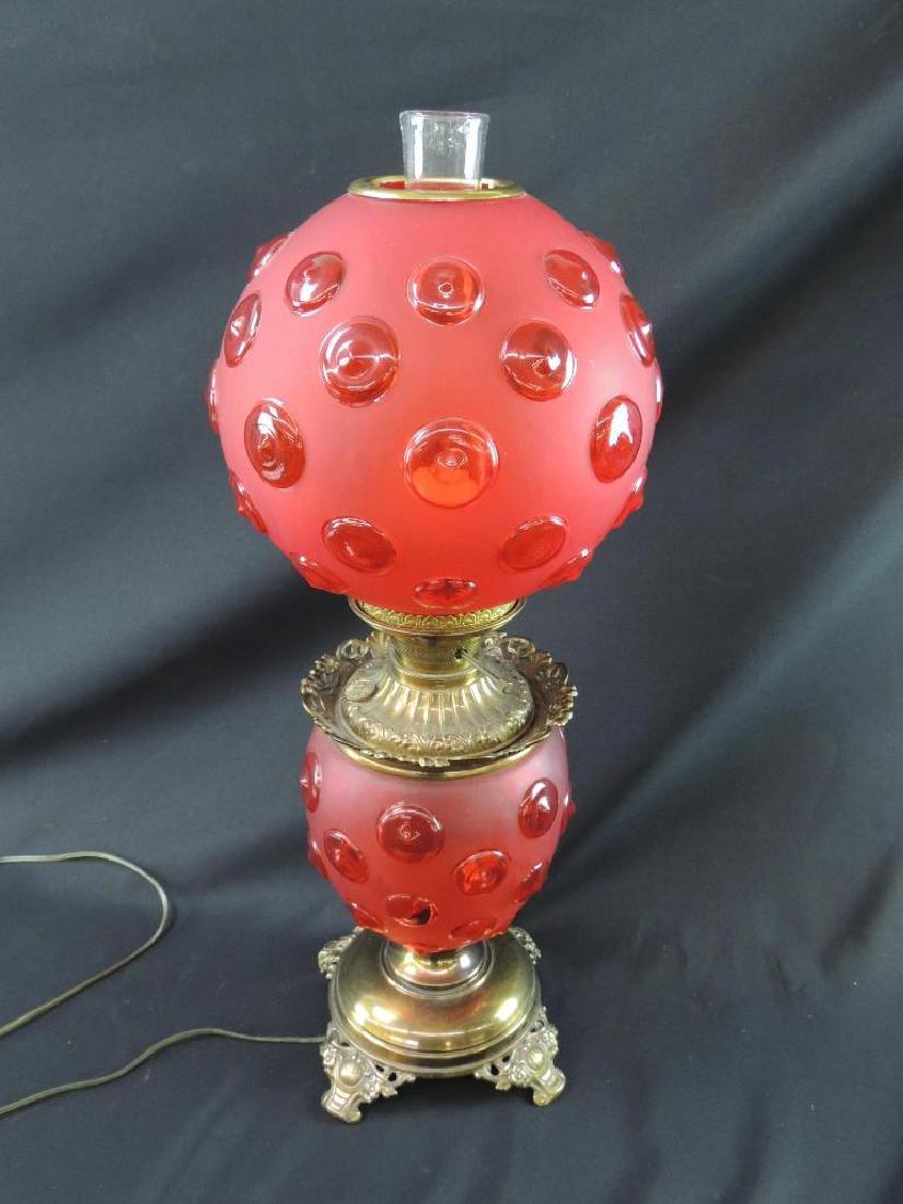 Antique Gone with the Wind Lamp with Ornate Red Shade: 27"x10" Working Condition