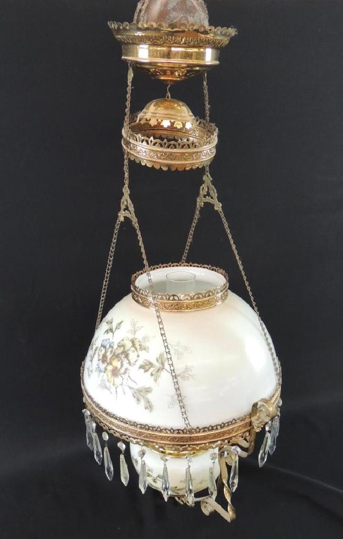 Antique Hanging Brass Oil Lamp with Floral Design and (1 of 10)