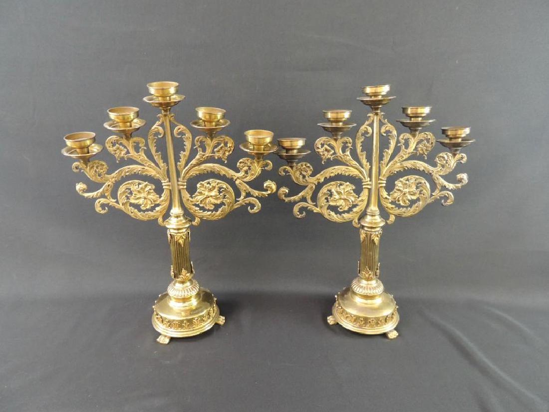 Pair of Antique Brass Candelabras with Floral Design (1 of 5)