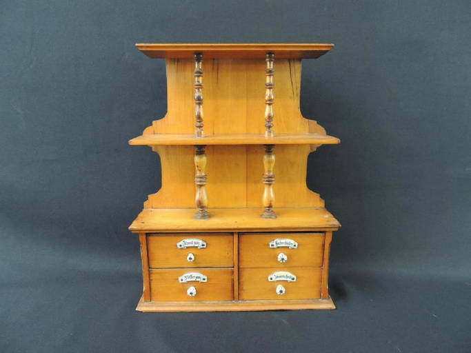 Antique Spice Rack With 4 Drawers And Porcelain Labels