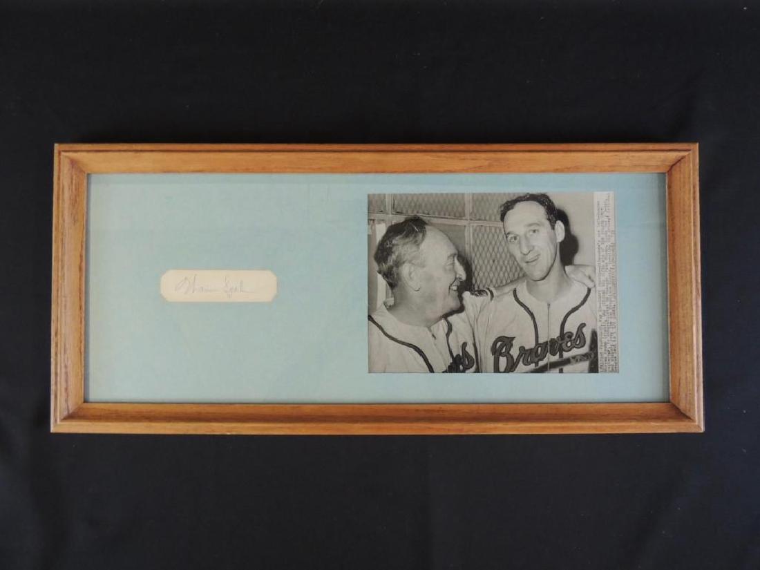 Warren Spahn Signature with Framed Press Photo: Frame 23 1/2"x10 1/2" Photo 7"x9", Braves