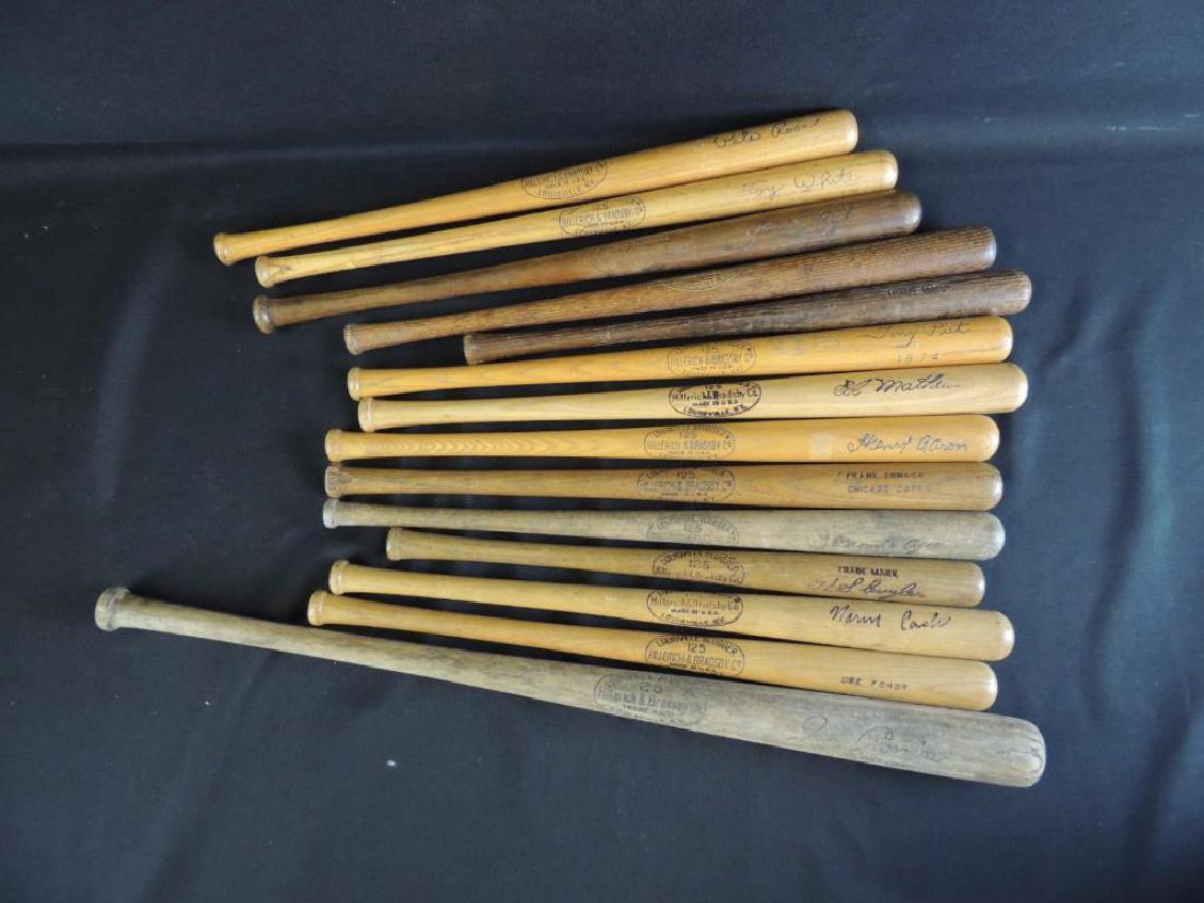 Group of 14 Miniature Louisville Slugger Bats: Featuring Ed Mathew, Pete Rose, Henry Aaron, Dee Fondy, and More Largest 22"