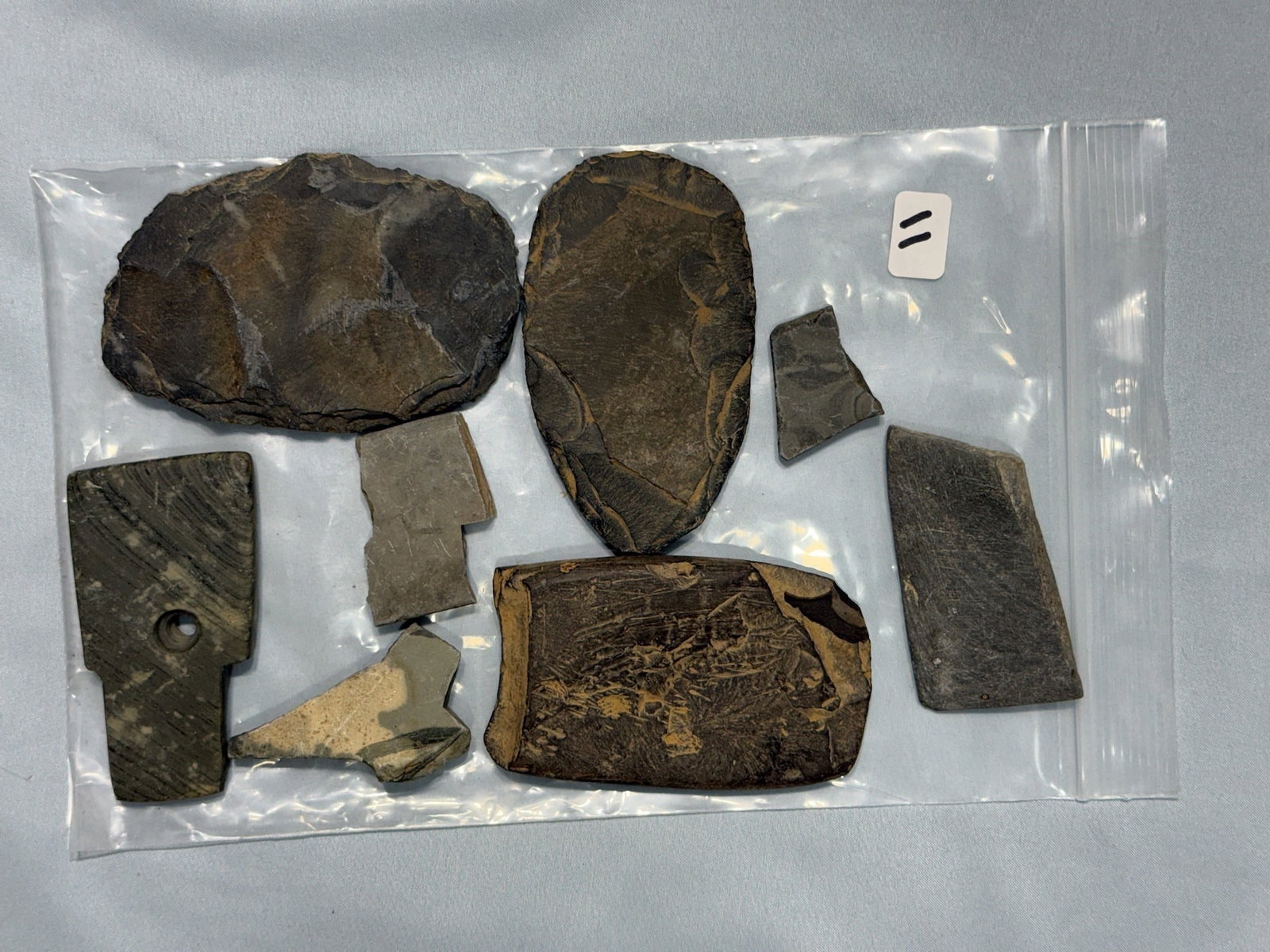 Slate misc: Eight pieces of broken slate. Largest measures 3-1/2 in.