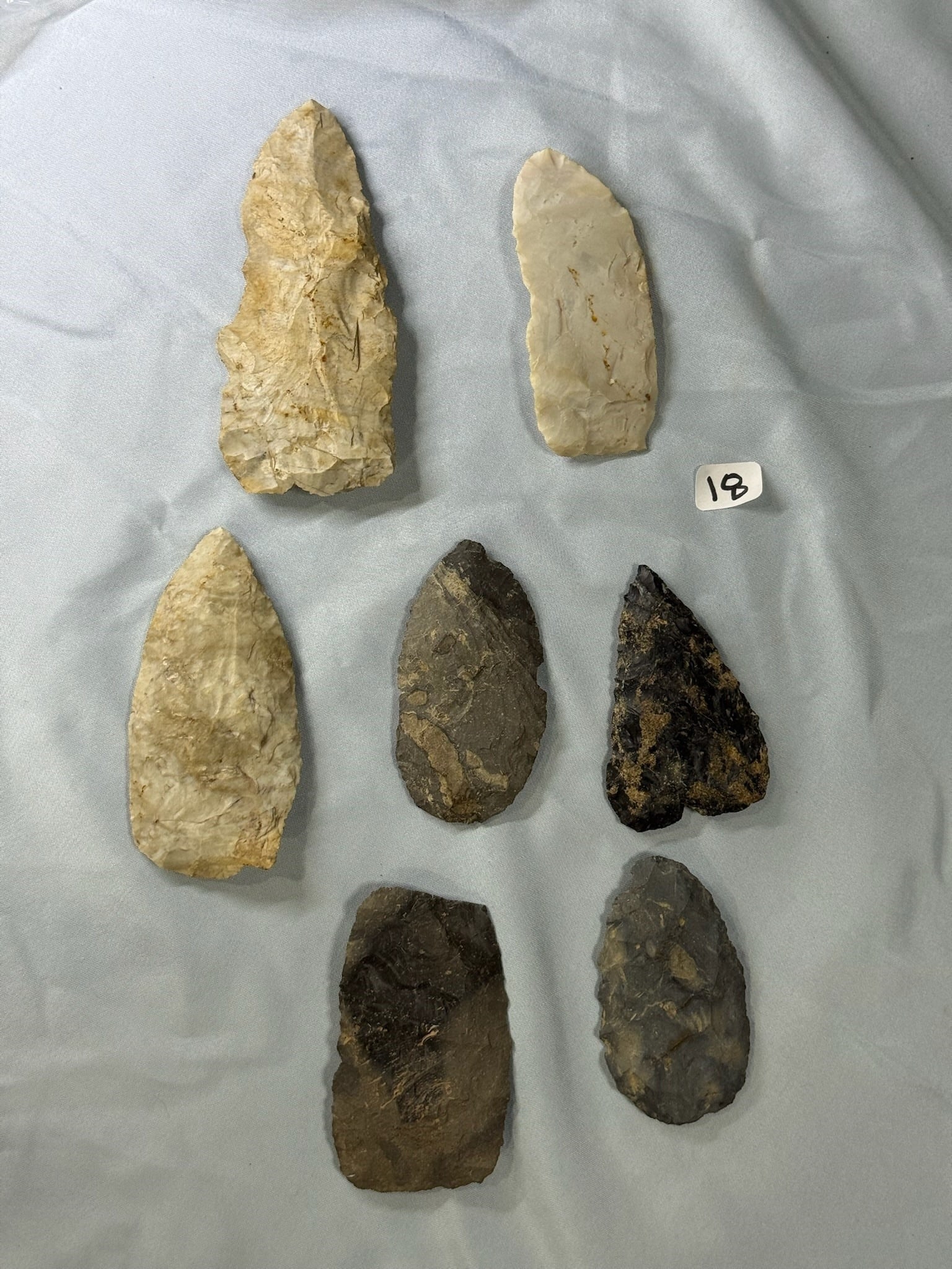Flint Knives: Seven large flint knives from Auglaize County, Ohio. Largest 4 in. sandstone discoidal from Ohio.