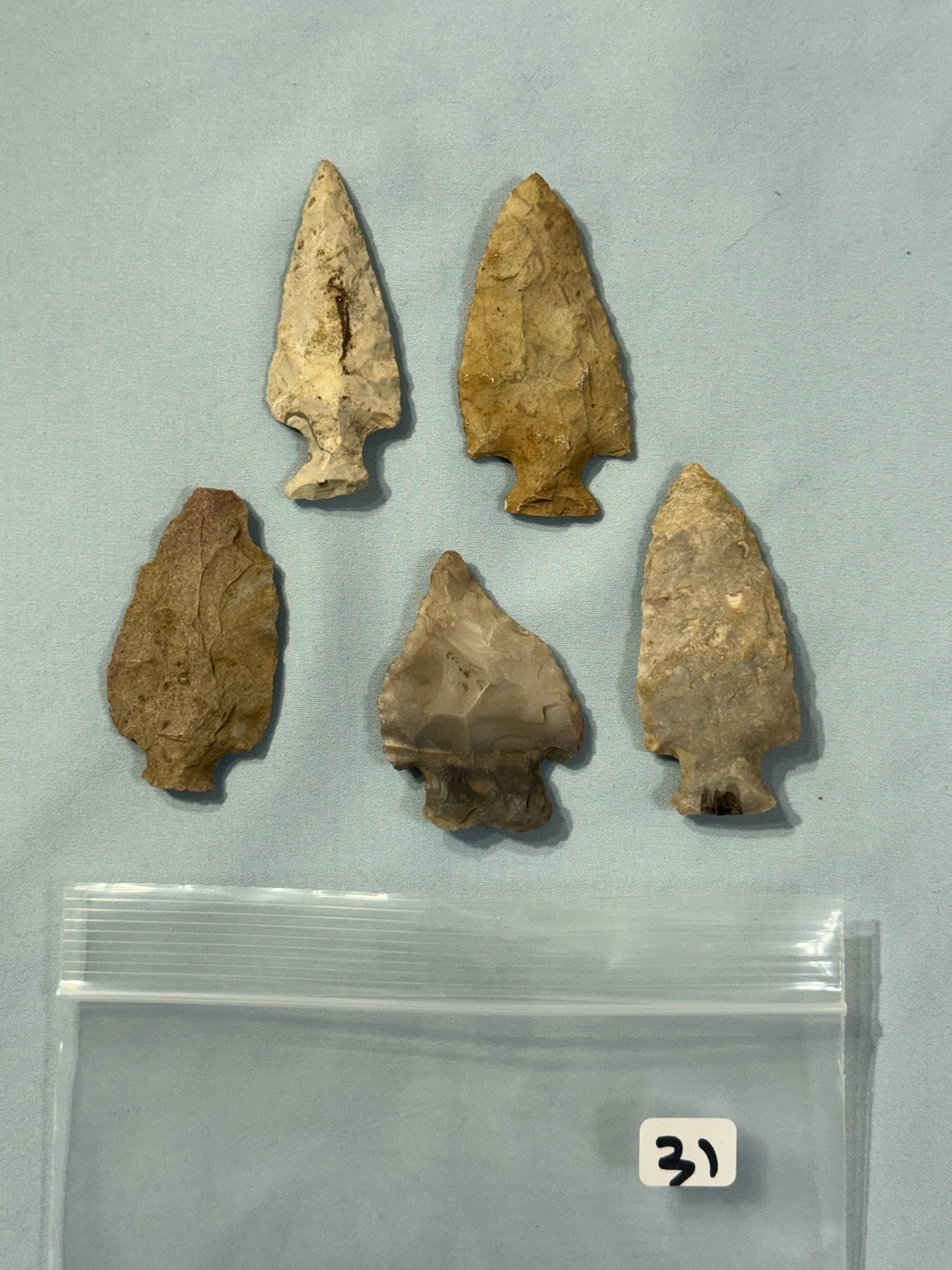 Arrowheads: Group of 5 Arrowheads - largest 2 3/4 in. - Ohio and Indiana.