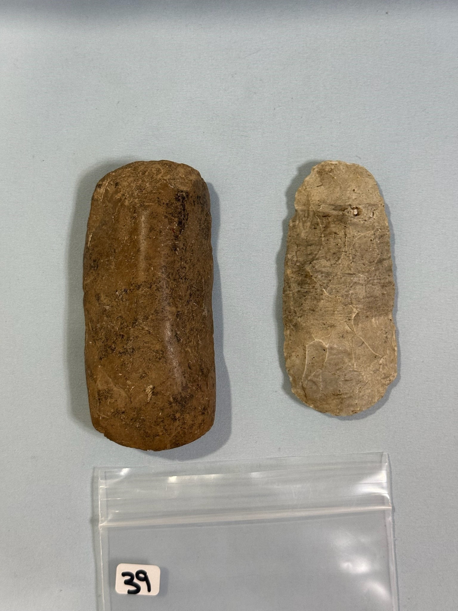 Flint Celt and Adze: Flint Celt - 4 3/8 in., Flint Adze - 4 5/8 in. - both from Winchester, Indiana.