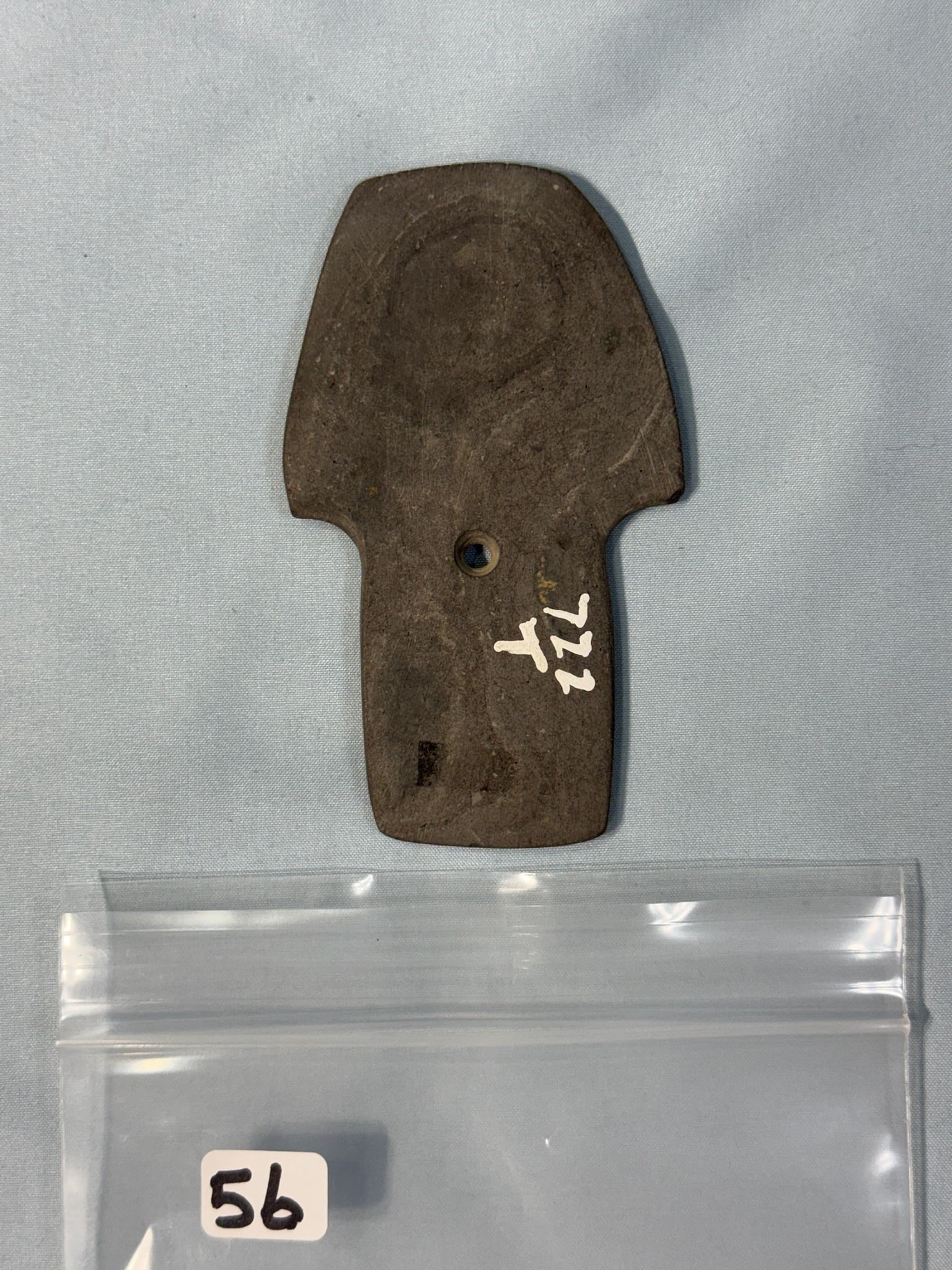 Shovel slate Pendant: 4 1/16 in. Shovel Slate Pendant - tallied at bottom - Branch County Michigan.
