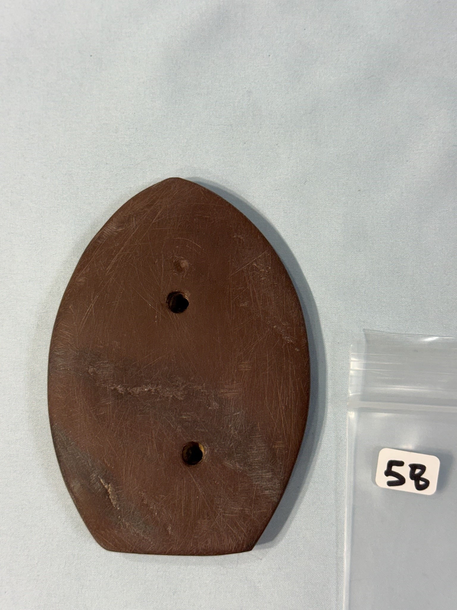 Kame Gorget: 4 3/4 in. Glacial Kame Gorget - Red Banded Slate - Nice - Branch County Michigan.
