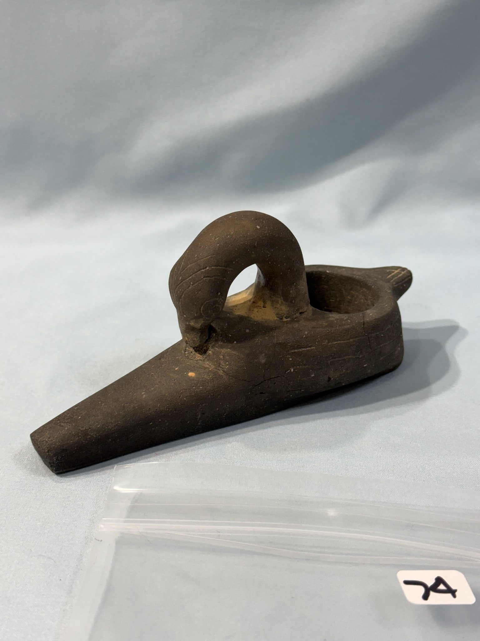 Duck Pipe: 6 1/2 in. Duck Effigy Clay Pipe - Broken and Glued.