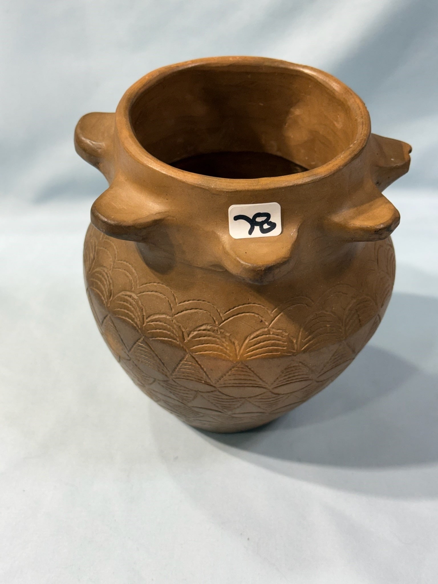 Pottery Vase signed: 6 3/4 in. Decorated Vase - some damage - signed by Manda Swimmer.