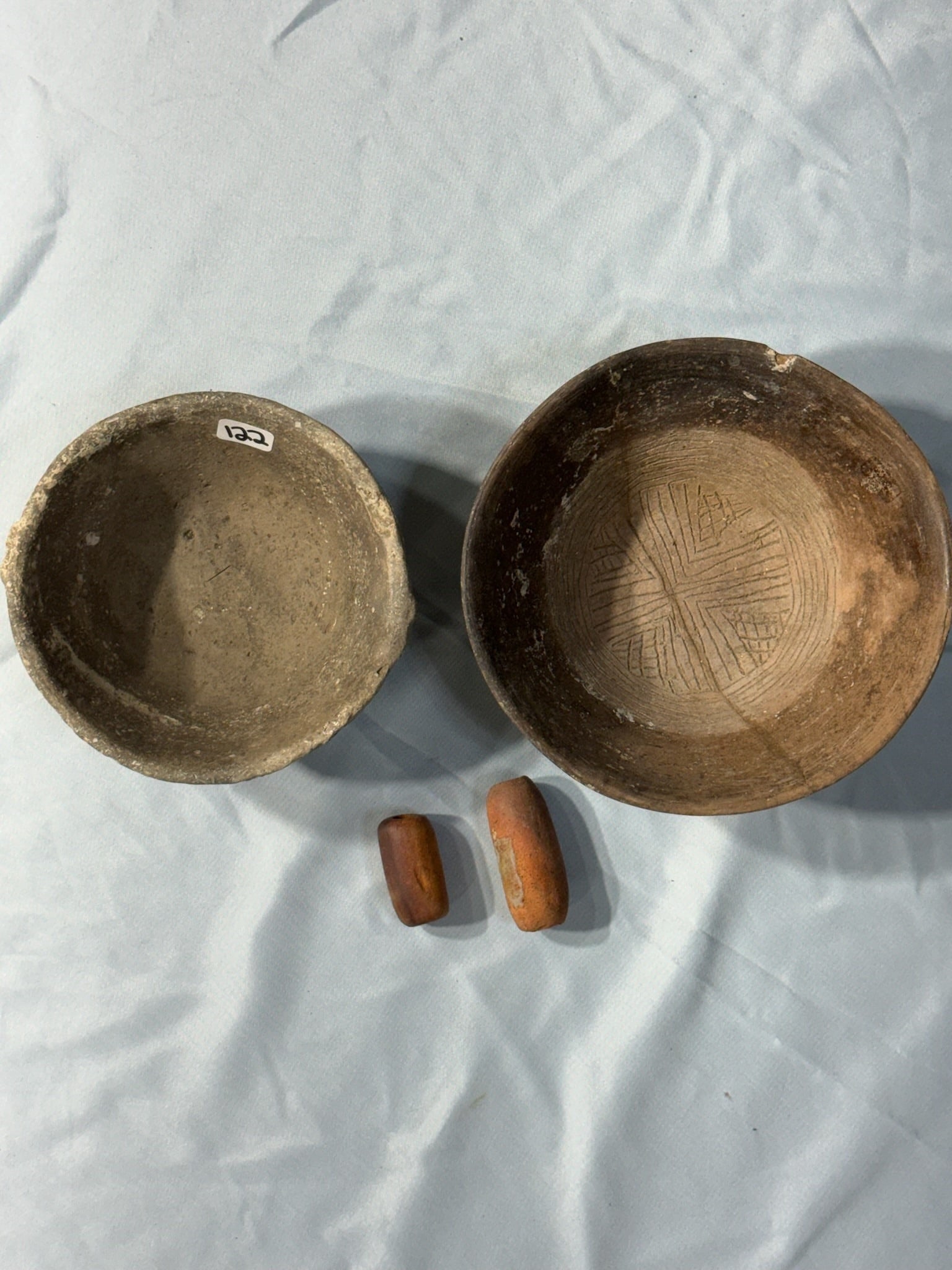 Pottery jars and beads: Group of 2 Pottery Jars (2) Pottery Beads.