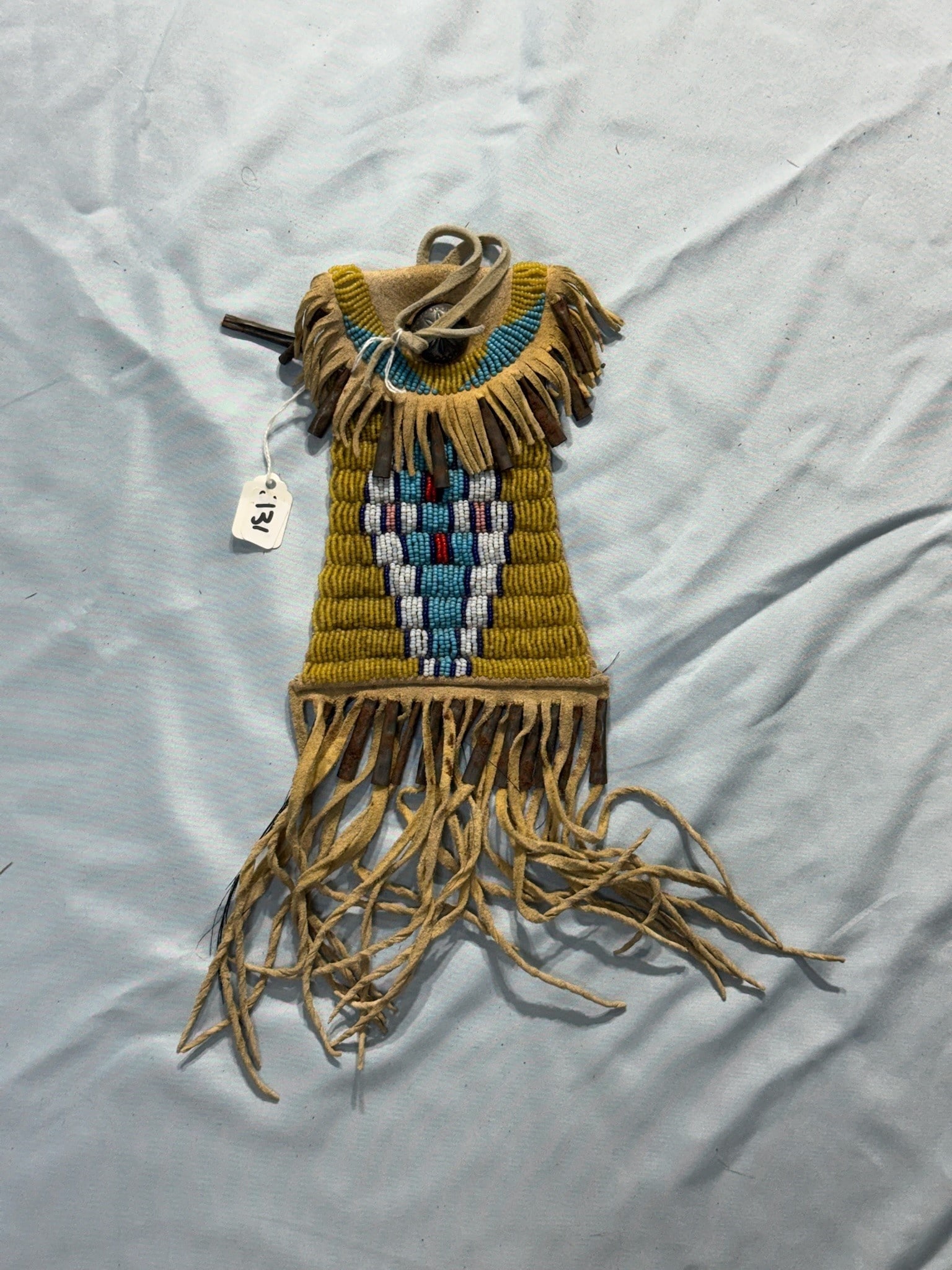 Beaded shaman Bag: 14 by 11 1/2 in. Beaded Shaman Bag - Bird motif engraved on bone clasp - 1940's.