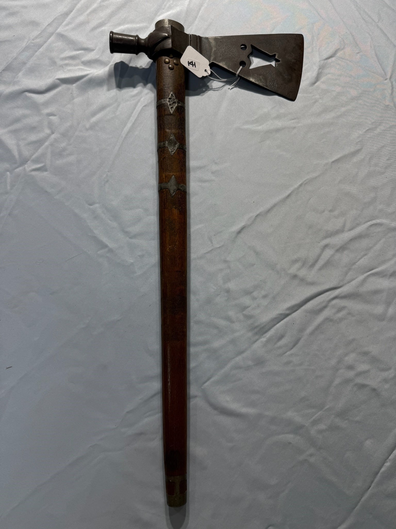 Inlayed Pipe Tomahawk: 24 in. Pipe Tomahawk - Pewter - beaded handle -.