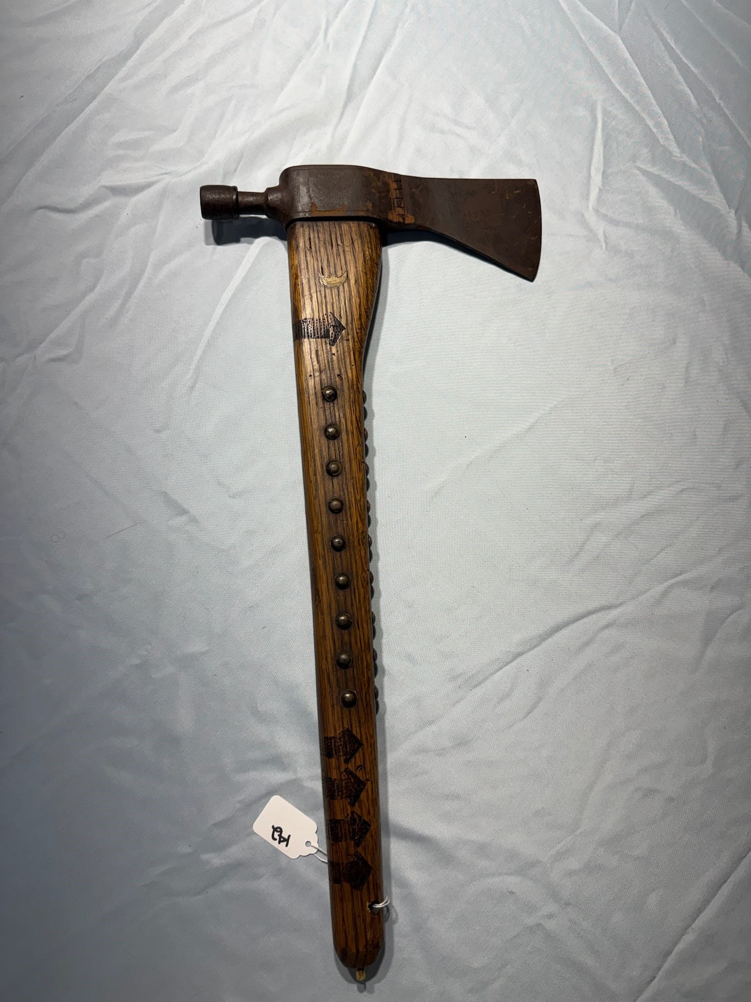 Engraved Pipe Tomahawk brass tacked: 21 in. Pipe Tomahawk - engraved and tacked handle - Star and Moon inlay.