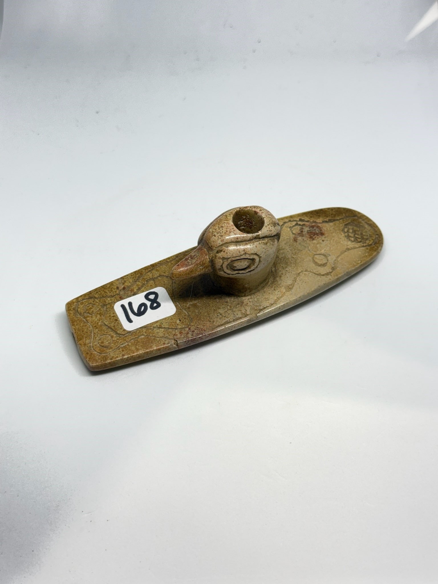 Pipestone Pipe Duck: 4 3/4 in. Pipestone Pipe - Duck and Frog engraved.