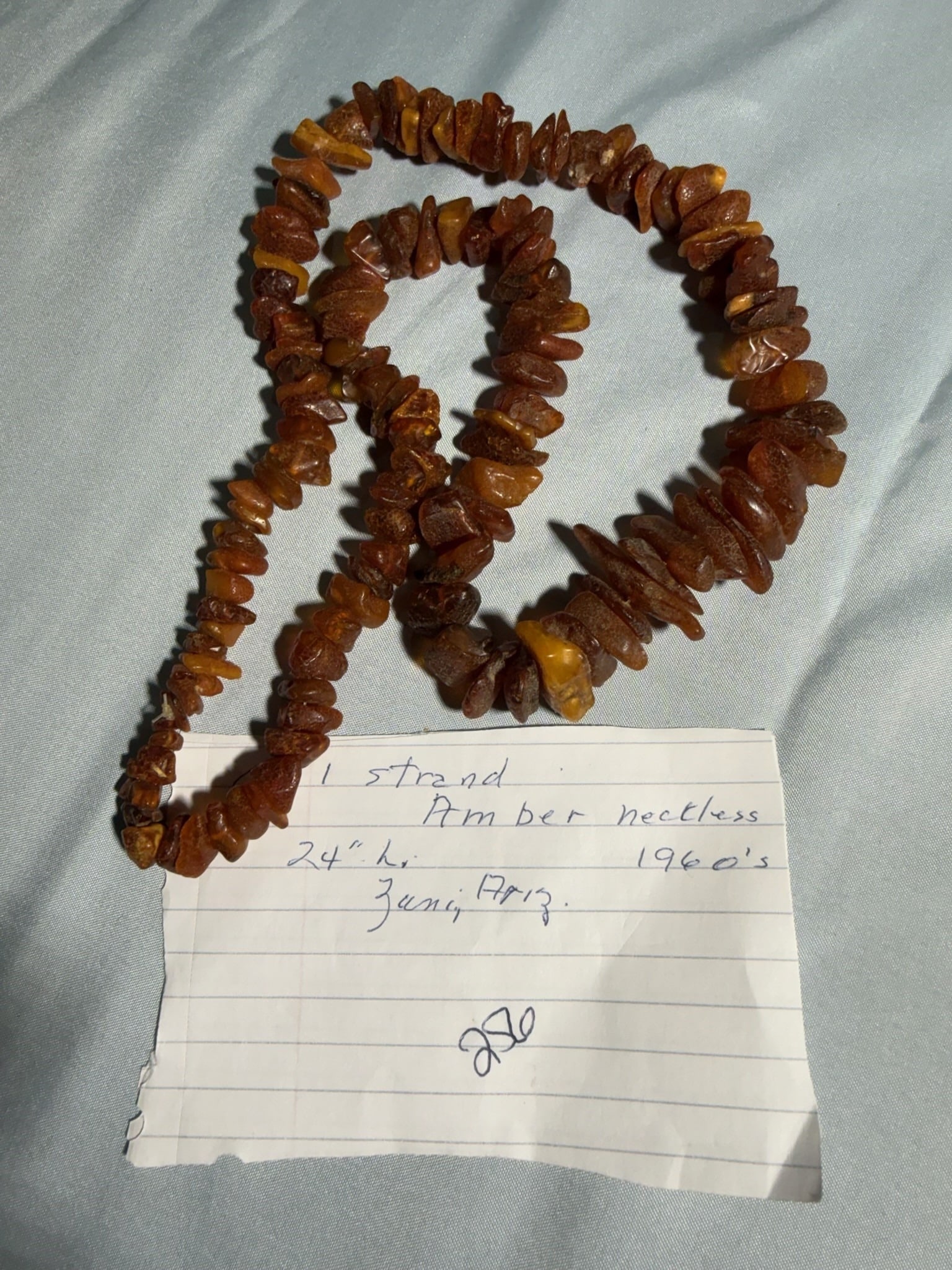 Amber Necklace 1960’s: 24 in. Amber Necklace 1960's - Zuni, Arizonia.