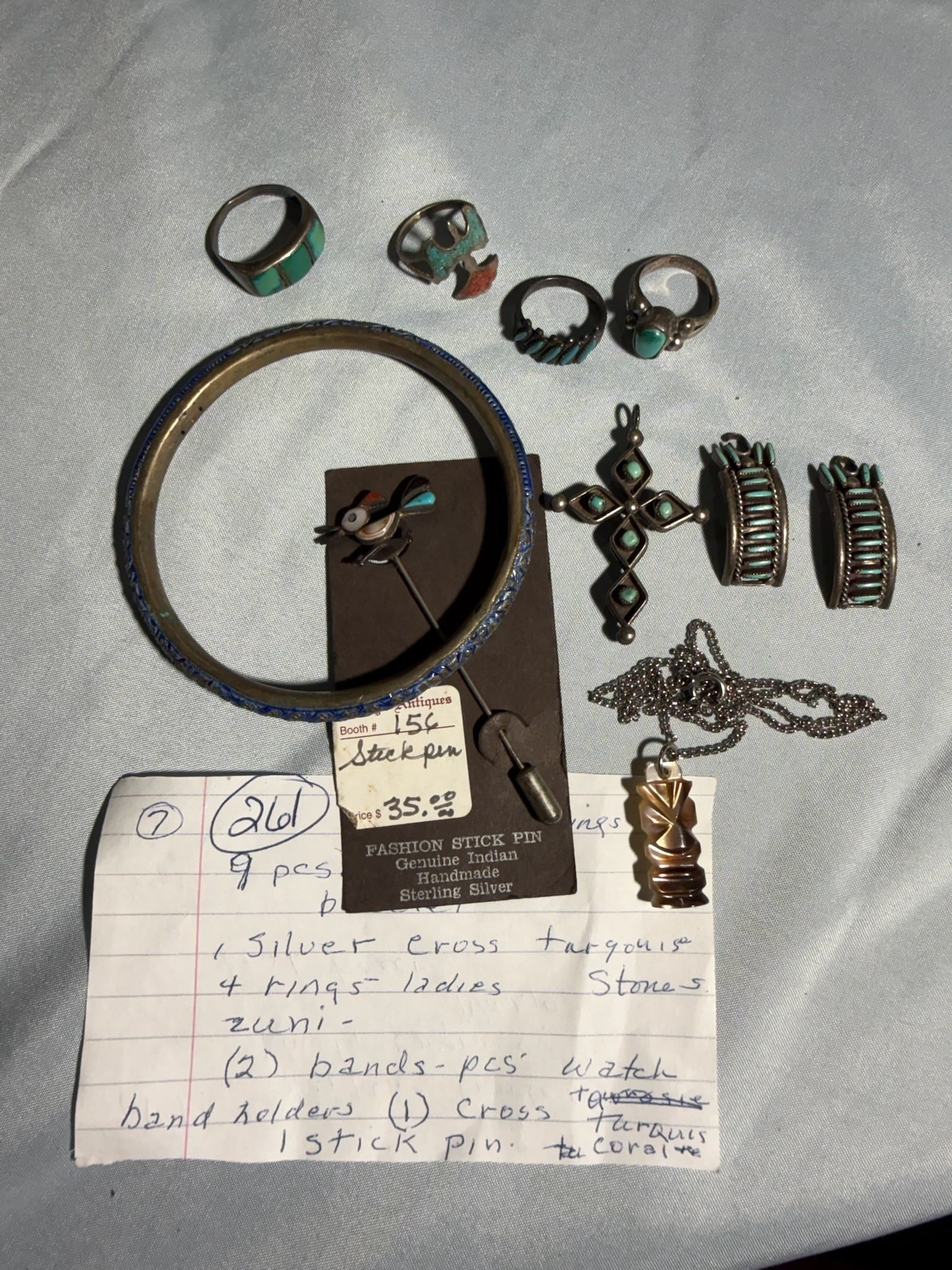 Silver Cross and various: Group of 1 Silver Turquoise Cross, (4) Ladies Zuni Rings, (2) Bands, (1) Cross, (1) Stick Pin.