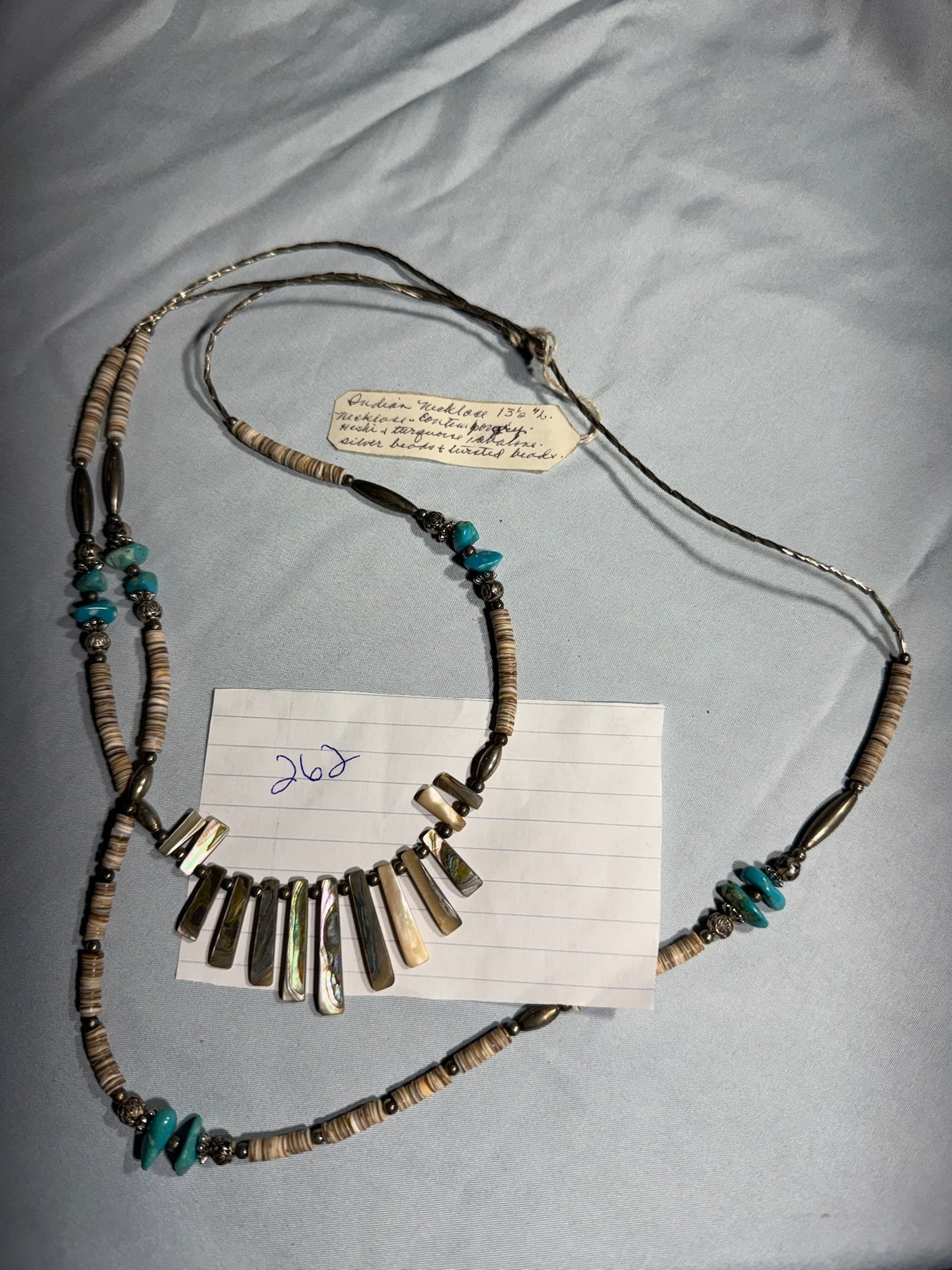 Necklass Shell Silver Turquoise: 13 1/2 in. Turquoise, Abalone Shell, Silver beaded Necklace - Contemporary.