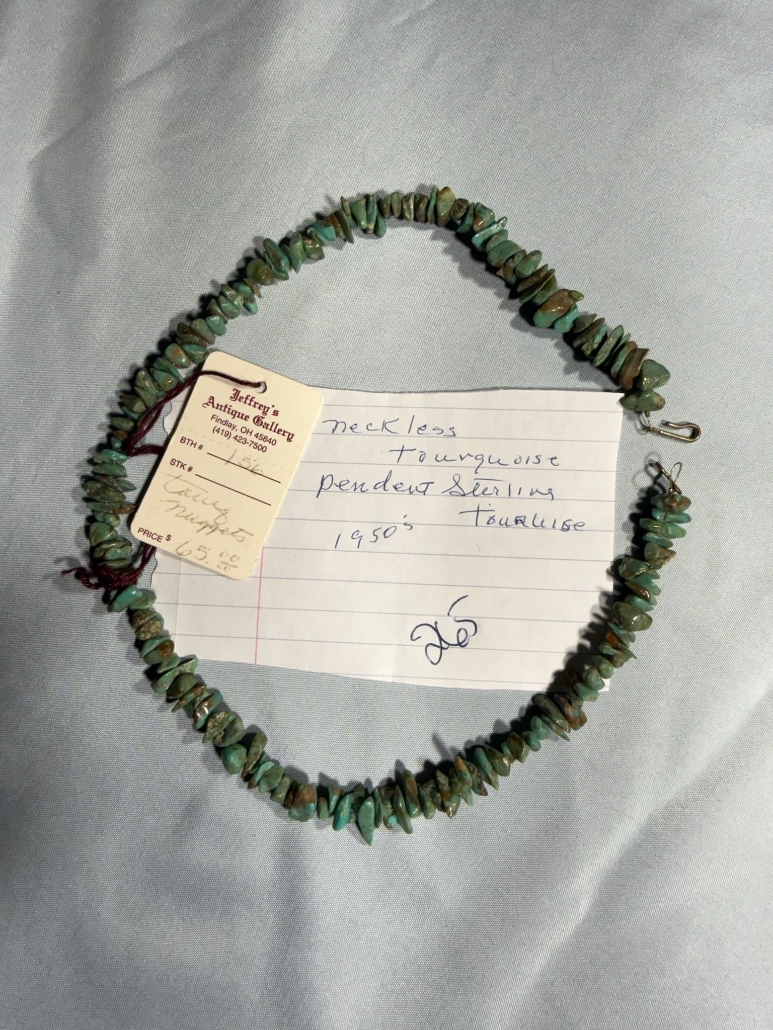 Turquoise Necklace, (1) Sterling Turquoise Pendant: Group of 1 Turquoise Necklace, (1) Sterling Turquoise Pendant - 1950's.