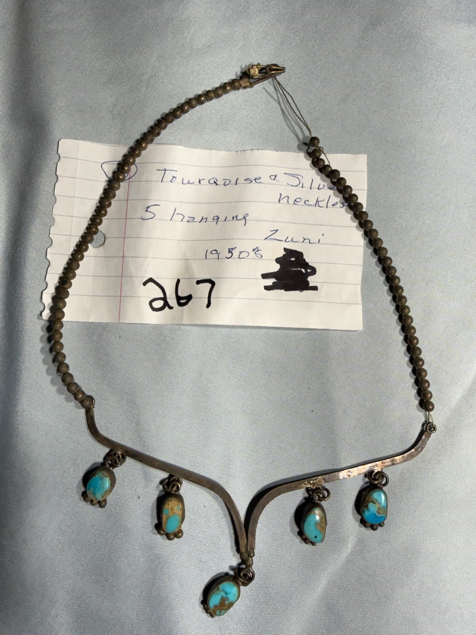 Turquoise and Silver Necklace: Turquoise and Silver Necklace - 1950's - Zuri.