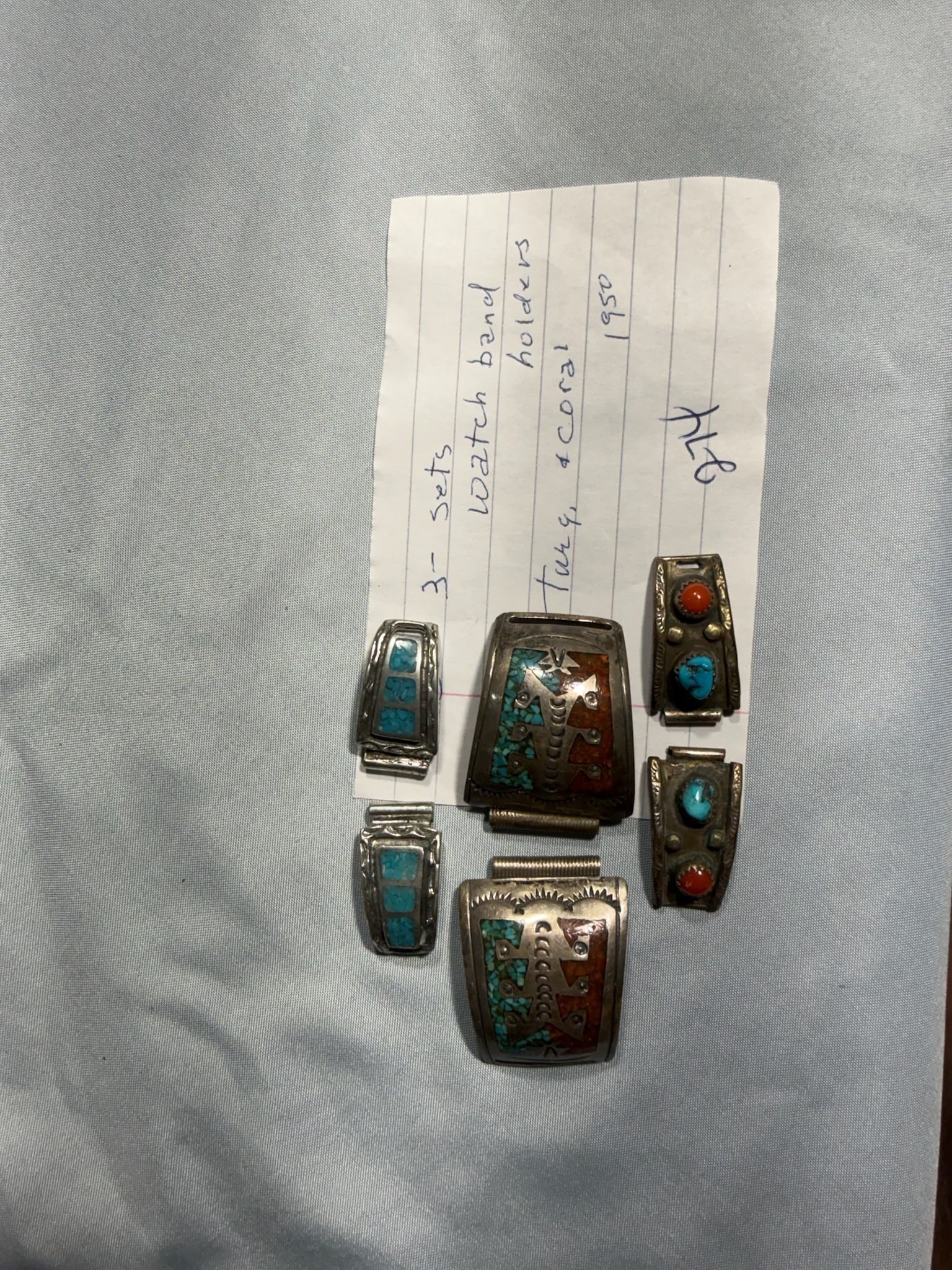 Turquoise and Coral Watch Band: Group of 3 Turquoise and Coral Watch Band Holders - 1950's.