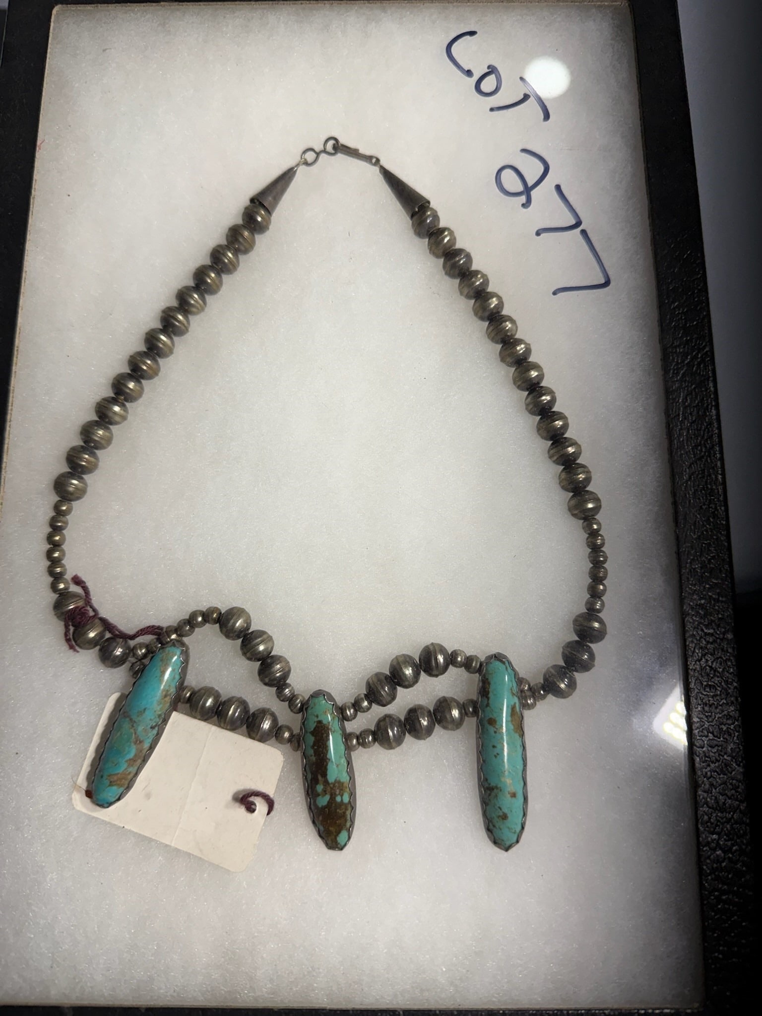 Sterling Beaded Necklace Turquoise beads: Sterling Beaded Necklace adorned with 3 long turquoise beads - Very Nice!