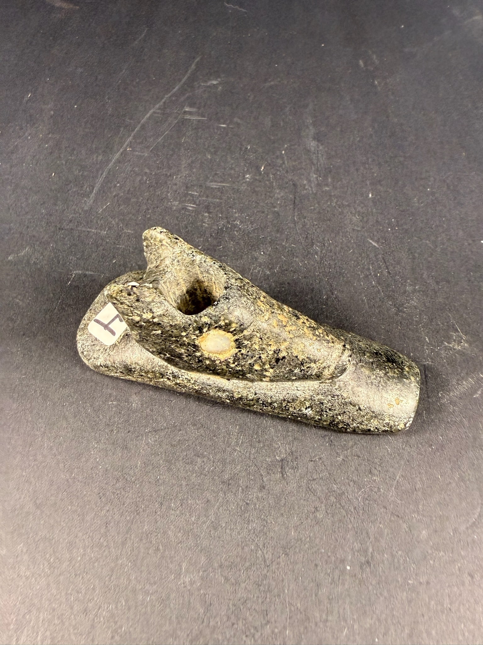 Steatite Wolf Head Pipe with Abalone Eyes (1 of 4)