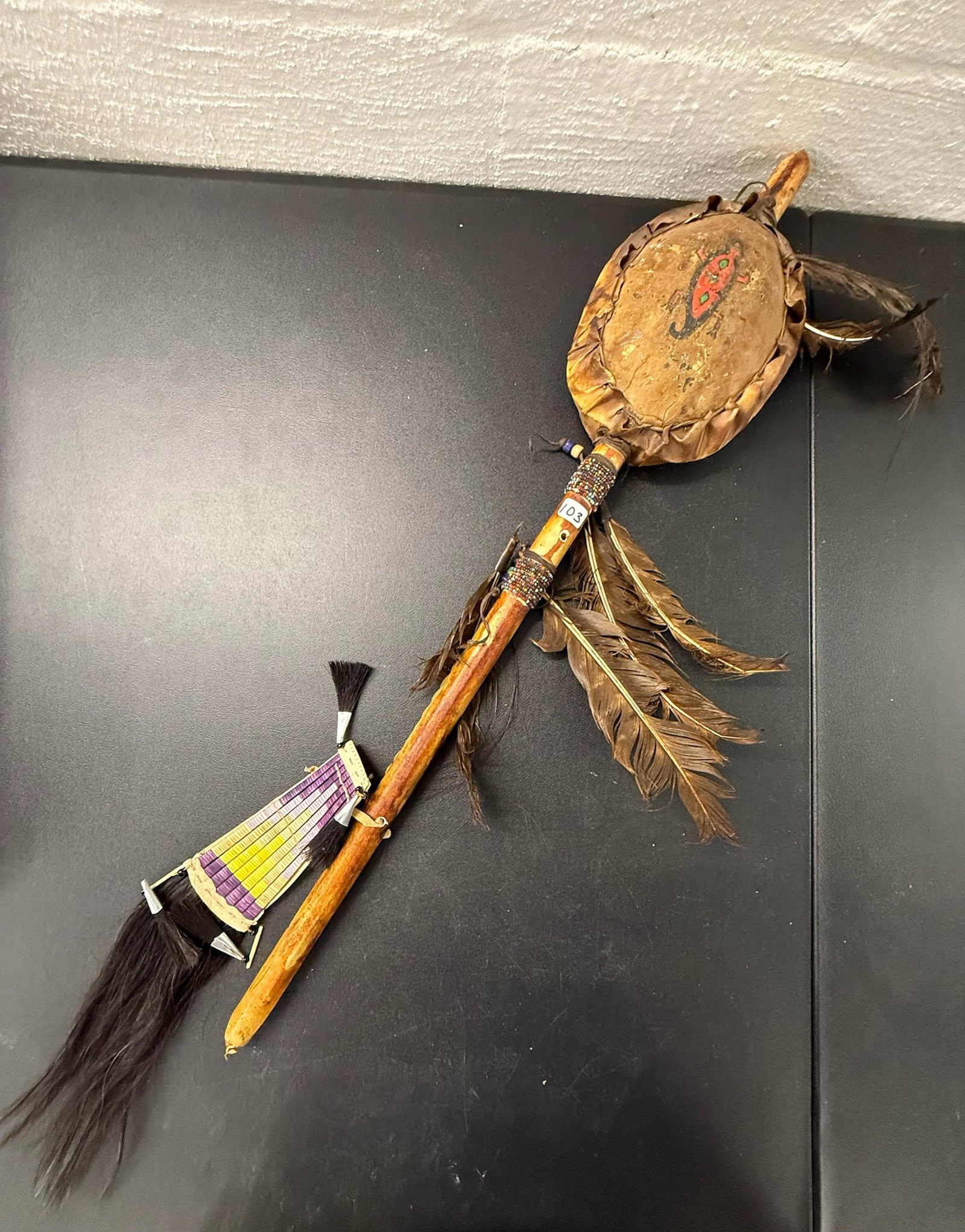 Shaman Rattle: 27" Rattle with Feathers and Beaded adornments