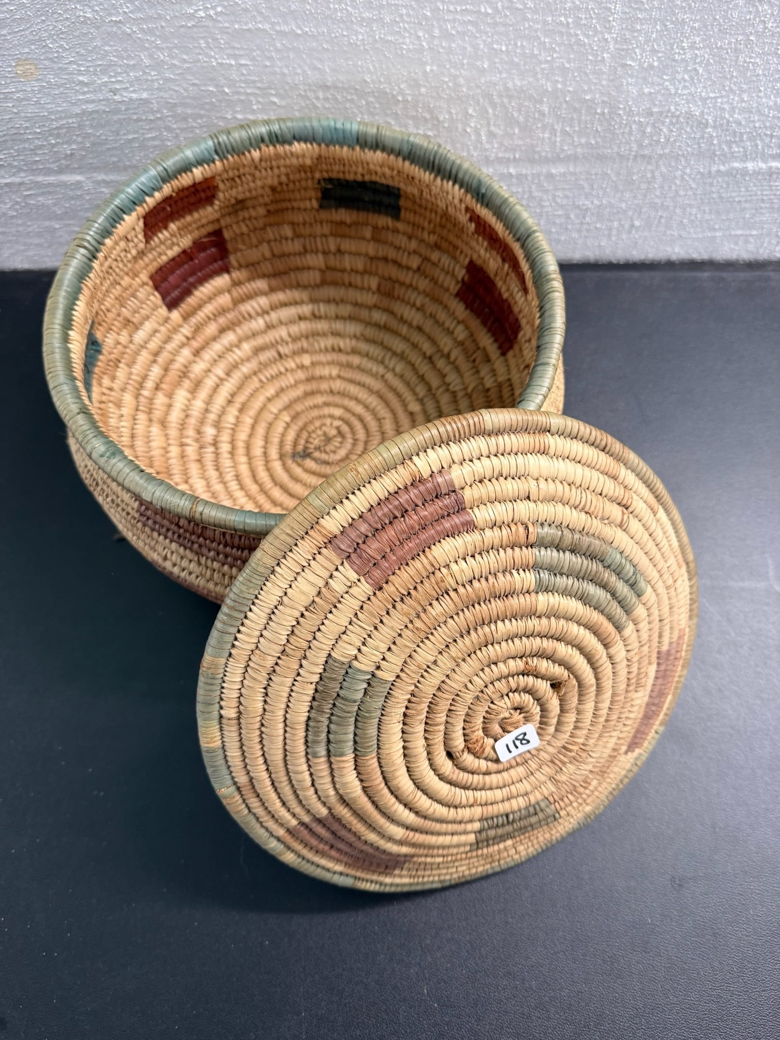 Southwest Basket and Lid: 6 by 9 1/2" Southwest Basket with Lid - Green and Brown Design
