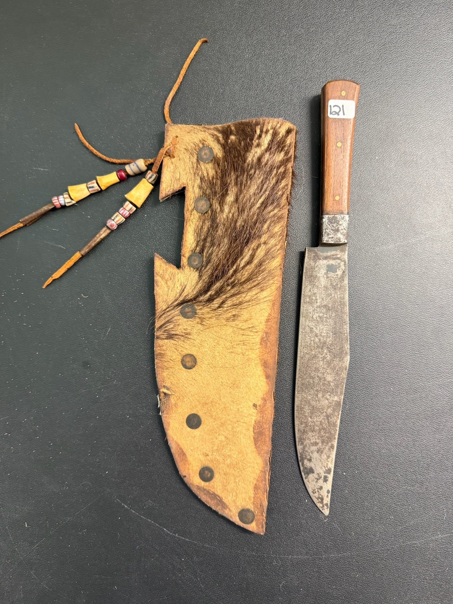 Knife and Sheath: 12 1/2" with Blade and Handle - Leather worked Sheath - Circa Early 1900