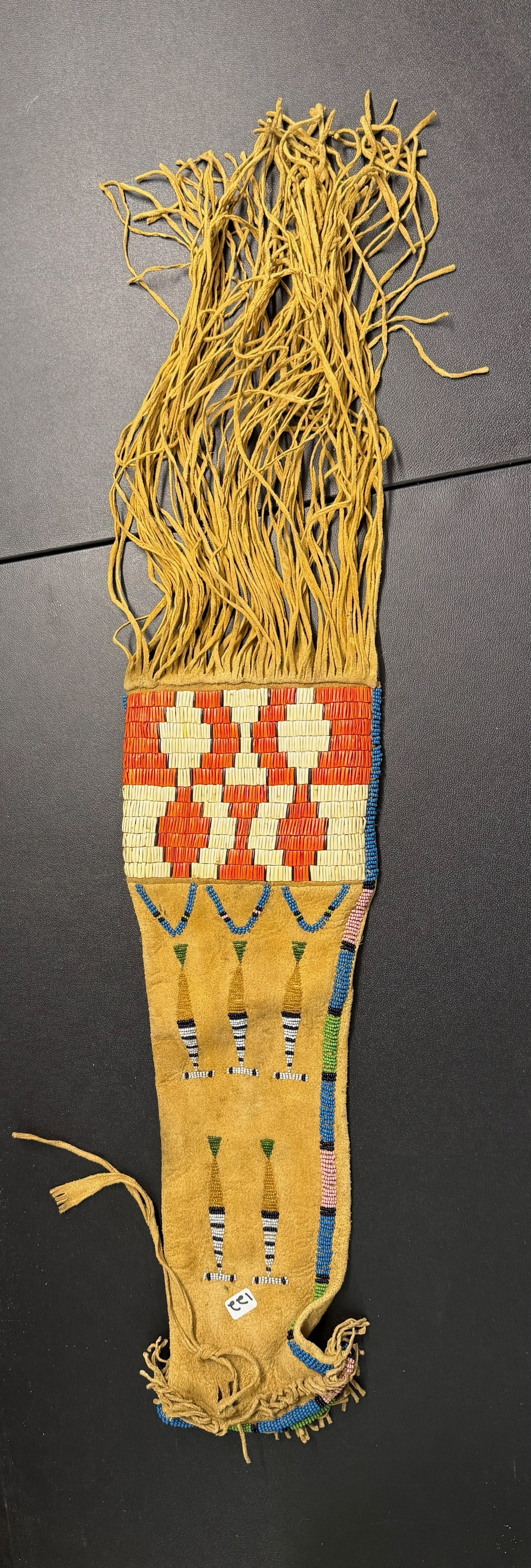 Beaded Tabacco Bag: 33" Beaded Tabacco Bag (fringe) - Very Colorful Bead work - Dyed Porcupine Quills