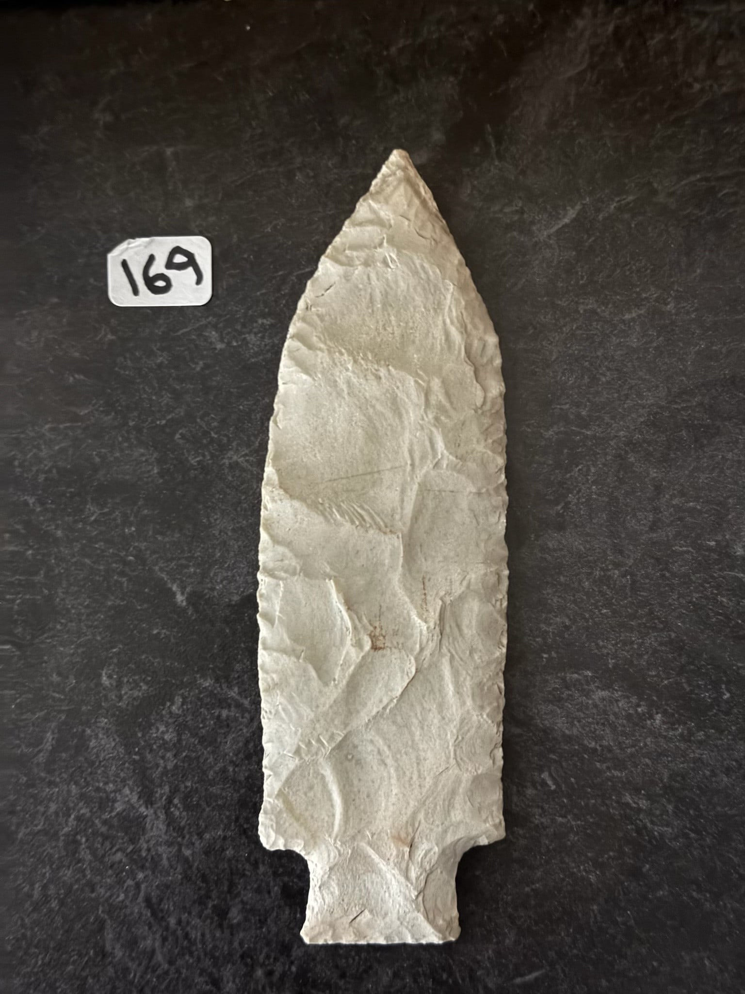 Early Etly Point-Missouri Chert: Early Etley Point crafted from Missouri Chert, measures 5 1/2" long by 1 1/2 wide, Large well formed example