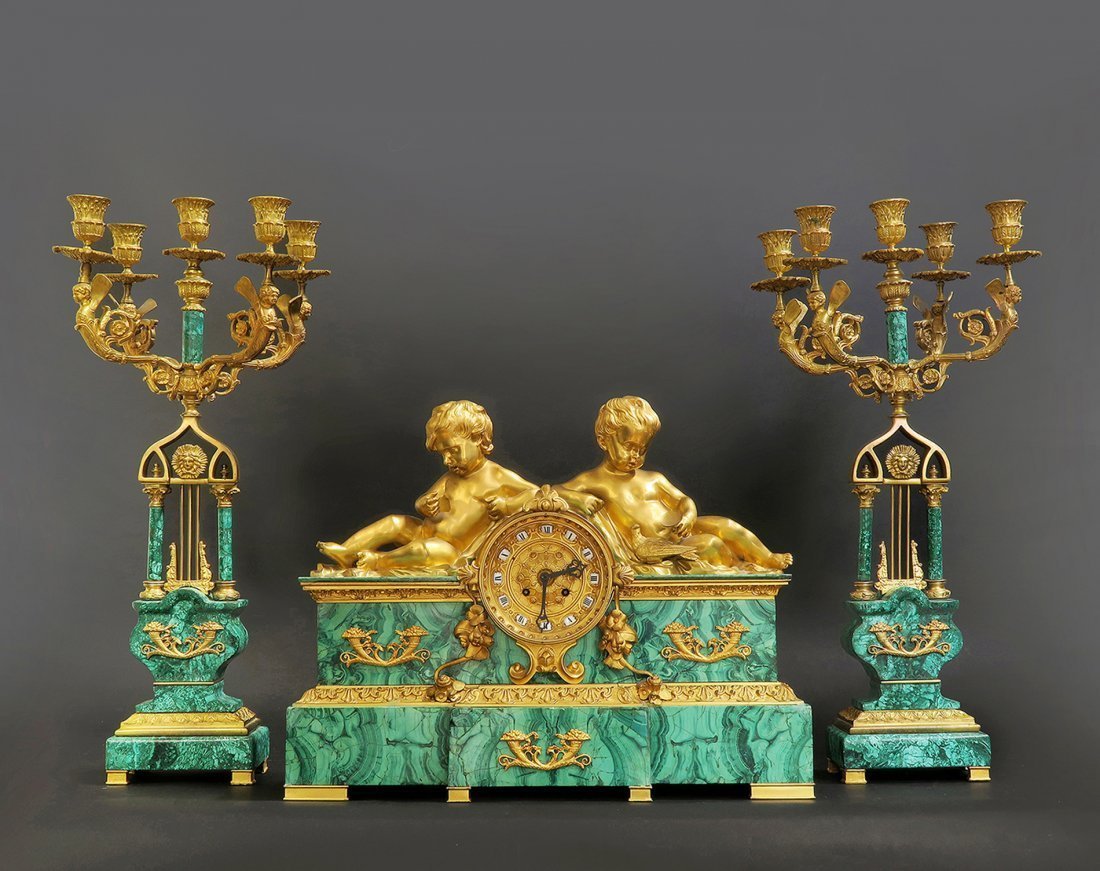 19th C. Bronze & Russian Malachite Figural Clock Set (1 of 7)