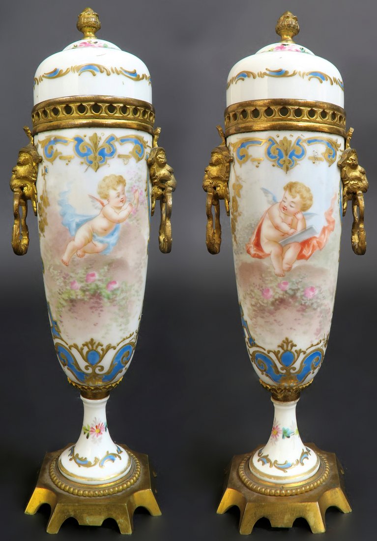19th C. Hand Painted Pair of French Bronze Mounted Sevr (1 of 6)