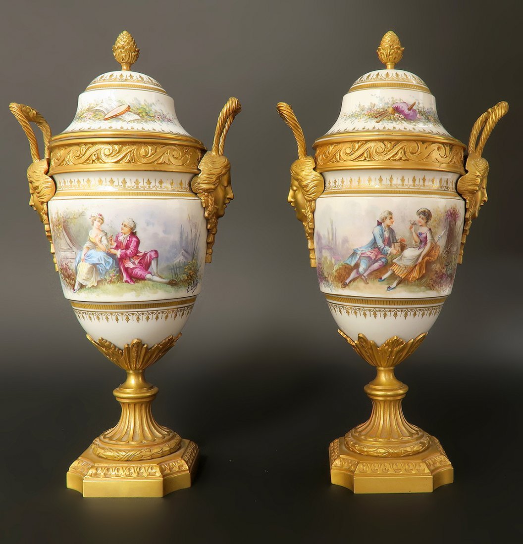 Pair of French Bronze & Sevres Porcelain Urns. 19th Cen (1 of 4)