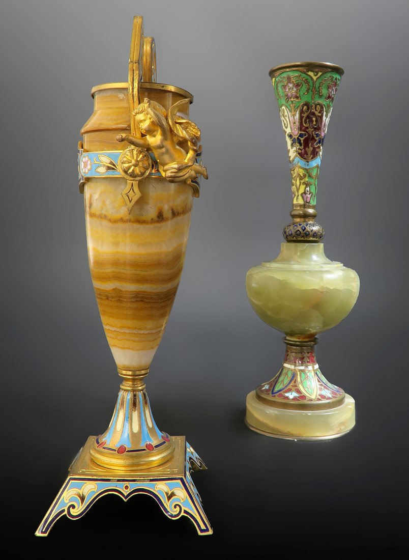 Lot of 2 Miniature French Champleve Enamel Vases. (1 of 5)