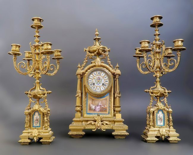 19th C. French Bronze & Sevres Porcelain Clock Set (1 of 4)